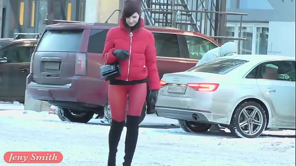 XXX Red Tights. Jeny Smith public walking in tight seamless red pantyhose (no panties warm Tube
