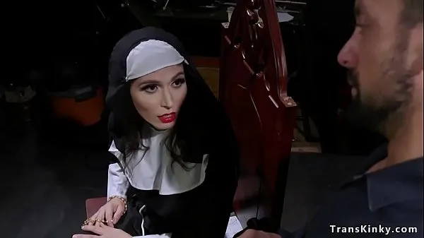 XXX Beautiful brunette shemale nun punishes repairman sinner DJ and makes him on deep throat blowjob warme buis