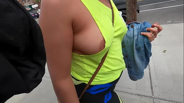 XXX Wife no bra side boobs with pierced nipples in public flashing warme buis