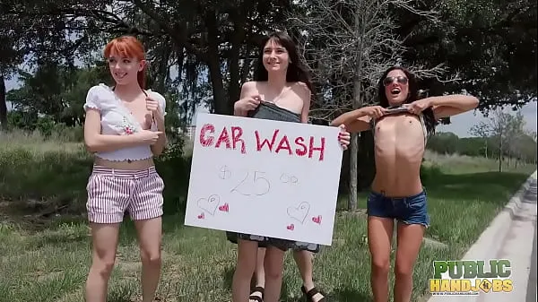 XXX PublicHandjobs - Get wet and wild at the car wash with bubbly Chloe Sky and her horny friends θερμός σωλήνας